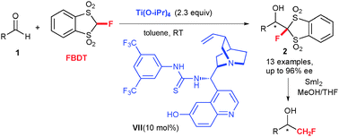 Graphical abstract: Enantioselective monofluoromethylation of aldehydes with 2-fluoro-1,3-benzodithiole-1,1,3,3-tetraoxide catalyzed by a bifunctional cinchona alkaloid-derived thiourea–titanium complex