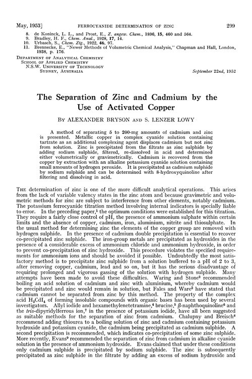 The separation of zinc and cadmium by the use of activated copper