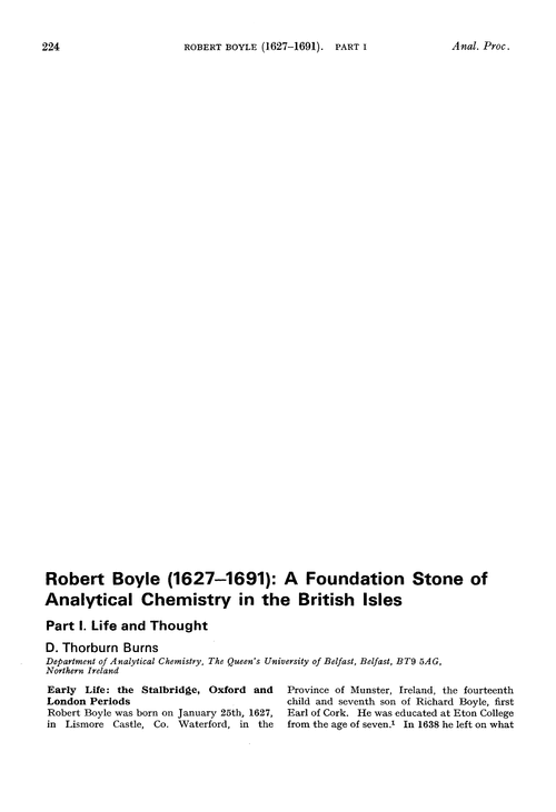 Robert Boyle (1627–1691): a foundation stone of Analytical Chemistry in the British Isles. Part I. Life and thought
