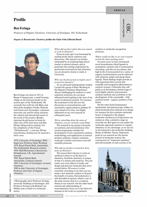 Profile Ben Feringa Professor of Organic Chemistry
