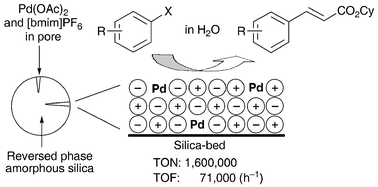 Graphical abstract: Sustainable Mizoroki–Heck reaction in water: remarkably high activity of Pd(OAc)2 immobilized on reversed phase silica gel with the aid of an ionic liquid