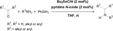 Graphical abstract: The reductive amination of aldehydes and ketones by catalytic use of dibutylchlorotin hydride complex