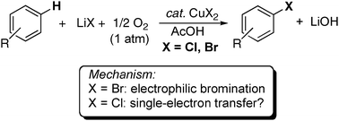 Graphical abstract: Regioselective copper-catalyzed chlorination and bromination of arenes with O2 as the oxidant