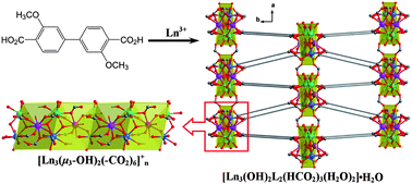 Graphical abstract: Novel 3D lanthanide-organic frameworks with an unusual infinite nanosized ribbon [Ln3(μ3–OH)2(–CO2)6]+n (Ln = Eu, Gd, Dy): syntheses, structures, luminescence, and magnetic properties