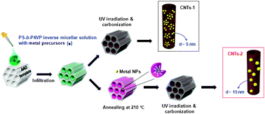 Graphical abstract: Carbon/metal nanotubes with tailored order and configuration by direct carbonization of inverse block copolymer micelles inside nanoporous alumina