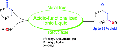 Graphical abstract: Acidic-functionalized ionic liquid as an efficient, green and reusable catalyst for hetero-Michael addition of nitrogen, sulfur and oxygen nucleophiles to α,β-unsaturated ketones