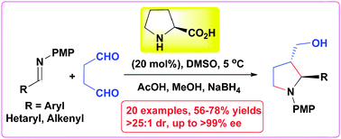 Graphical abstract: An organocatalytic direct Mannich–cyclization cascade as [3+2] annulation: asymmetric synthesis of 2,3-substituted pyrrolidines