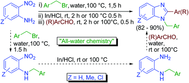 Graphical abstract: “All-water” chemistry of tandem N-alkylation–reduction–condensation for synthesis of N-arylmethyl-2-substituted benzimidazoles