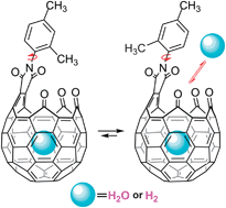 Graphical abstract: Molecular containers with a dynamic orifice: open-cage fullerenes capable of encapsulating either H2O or H2 under mild conditions