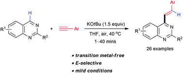 Graphical abstract: KOtBu-mediated stereoselective addition of quinazolines to alkynes under mild conditions