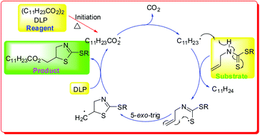 Graphical abstract: Synthesis of (2-alkylthiothiazolin-5-yl)methyl dodecanoates via tandem radical reaction