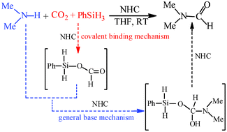 Graphical abstract: Sequential covalent bonding activation and general base catalysis: insight into N-heterocyclic carbene catalyzed formylation of N–H bonds using carbon dioxide and silane