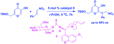 Graphical abstract: Enantioselective 1,4-addition of kojic acid derivatives to β-nitroolefins catalyzed by a cinchonine derived sugar thiourea