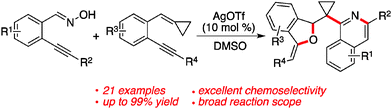Graphical abstract: A silver(i) triflate-catalyzed reaction of 1-((cyclopropylidenemethyl)-2-alkynyl)arene with 2-alkynylbenzaldoxime