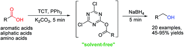 Graphical abstract: Solvent-free reduction of carboxylic acids to alcohols with NaBH4 promoted by 2,4,6-trichloro-1,3,5-triazine and PPh3 in the presence of K2CO3
