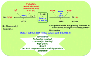 Graphical abstract: Acyl transfer reactions of carbohydrates, alcohols, phenols, thiols and thiophenols under green reaction conditions