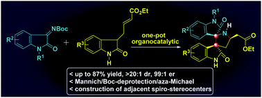 Graphical abstract: Asymmetric synthesis of 3,3′-pyrrolidinyl-dispirooxindoles via a one-pot organocatalytic Mannich/deprotection/aza-Michael sequence