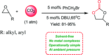 Graphical abstract: DBU/benzyl bromide: an efficient catalytic system for the chemical fixation of CO2 into cyclic carbonates under metal- and solvent-free conditions
