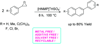 Graphical abstract: Synthesis of 2-phenylnaphthalenes from styrene oxides using a recyclable Brønsted acidic [HNMP]+HSO4− ionic liquid