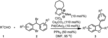 Graphical abstract: A facile one-pot synthesis of 2,3-diarylated benzo[b]furans via relay NHC and palladium catalysis
