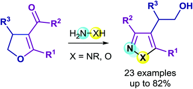 Graphical abstract: Simple assembly of polysubstituted pyrazoles and isoxazoles via ring closure–ring opening domino reaction of 3-acyl-4,5-dihydrofurans with hydrazines and hydroxylamine