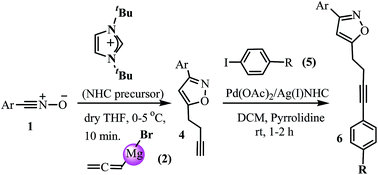Graphical abstract: An organo-NHC catalyzed domino addition approach for the selective synthesis of 5-butynylisoxazoles and subsequent Sonogashira coupling