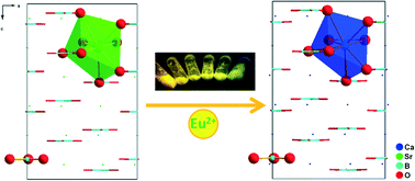Graphical abstract: The structural evolution and spectral blue shift of solid solution phosphors Sr3−mCamB2O6:Eu2+