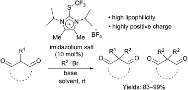Graphical abstract: Activity of N,N′-dialkyl-2-trifluoromethylthioimidazolium salts as phase-transfer catalyst for the alkylation of active methylene compounds