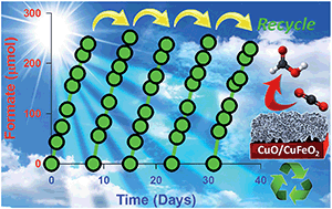 Graphical abstract: A facile synthesis of CuFeO2 and CuO composite photocatalyst films for the production of liquid formate from CO2 and water over a month