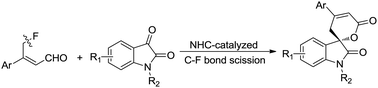 Graphical abstract: NHC-catalyzed [4+2] cycloaddition reactions for the synthesis of 3′-spirocyclic oxindoles via a C–F bond cleavage protocol