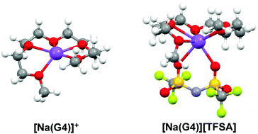 Graphical abstract: Effect of the cation on the stability of cation–glyme complexes and their interactions with the [TFSA]− anion