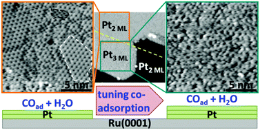 Graphical abstract: Water and CO (co-)adsorption on pseudomorphic Pt films on Ru(0001) – a low-temperature scanning tunneling microscopy study
