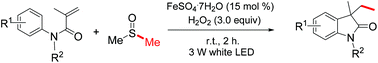 Graphical abstract: Visible-light-induced and iron-catalyzed methylation of N-arylacrylamides with dimethyl sulphoxide: a convenient access to 3-ethyl-3-methyl oxindoles