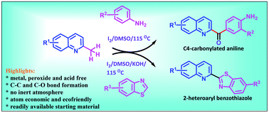 Graphical abstract: Iodine mediated oxidative cross-coupling of unprotected anilines and heteroarylation of benzothiazoles with 2-methylquinoline
