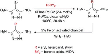 Graphical abstract: Synthesis of 4-substituted pyrazole-3,5-diamines via Suzuki–Miyaura coupling and iron-catalyzed reduction