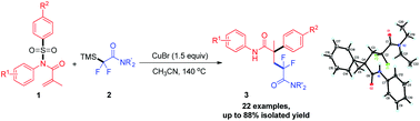 Graphical abstract: CuBr-mediated radical cascade difluoroacetamidation of acrylamides using α,α-difluoro-α-(TMS)-acetamides