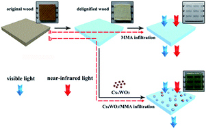 Graphical abstract: Transparent wood containing CsxWO3 nanoparticles for heat-shielding window applications