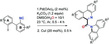 Graphical abstract: Cascade double isocyanide insertion and C–N coupling of 2-iodo-2′-isocyano-1,1′-biphenyls