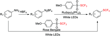 图形摘要：可见光光催化芳二氮唑盐的三氟甲基硫化：氨基转化为三氟甲基硫基