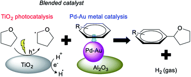 Graphical abstract: Novel blended catalysts consisting of a TiO2 photocatalyst and an Al2O3 supported Pd–Au bimetallic catalyst for direct dehydrogenative cross-coupling between arenes and tetrahydrofuran