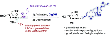 Graphical abstract: Highly reactive 2-deoxy-2-iodo-d-allo and d-gulo pyranosyl sulfoxide donors ensure β-stereoselective glycosylations with steroidal aglycones