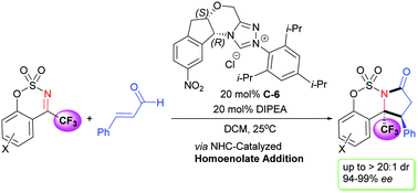 Graphical abstract: Enantioselective (3+2) cycloaddition via N-heterocyclic carbene-catalyzed addition of homoenolates to cyclic N-sulfonyl trifluoromethylated ketimines: synthesis of fused N-heterocycle γ-lactams