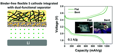 Graphical abstract: A wet-processed, binder-free sulfur cathode integrated with a dual-functional separator for flexible Li–S batteries