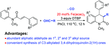 Graphical abstract: Fe-Catalyzed decarbonylative cascade reaction of N-aryl cinnamamides with aliphatic aldehydes to construct 3,4-dihydroquinolin-2(1H)-ones
