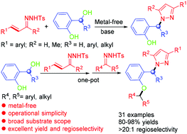 Graphical abstract: A base-promoted cascade reaction of α,β-unsaturated N-tosylhydrazones with o-hydroxybenzyl alcohols: highly regioselective synthesis of N-sec-alkylpyrazoles