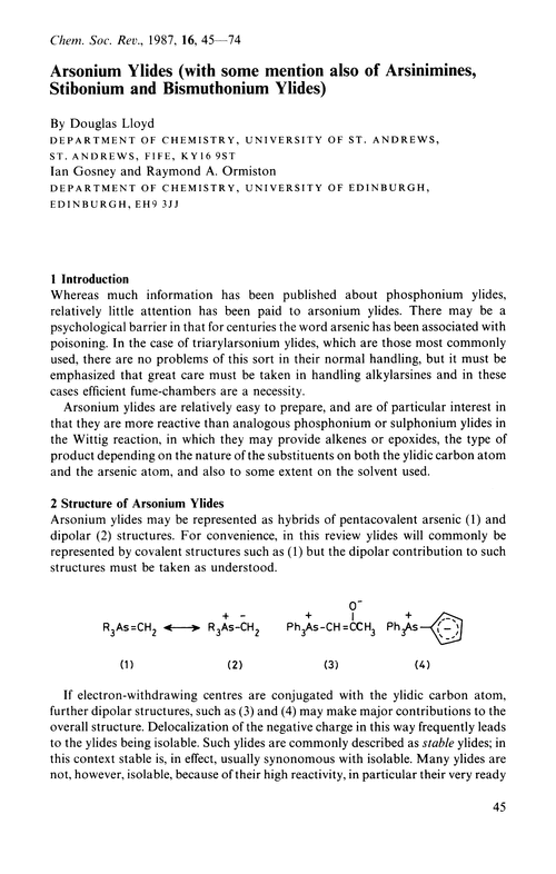 Arsonium ylides (with some mention also of arsinimines, stibonium and bismuthonium ylides)