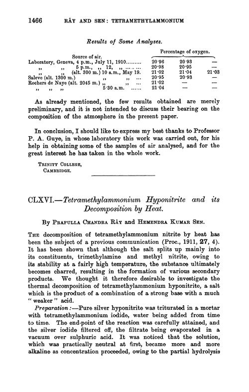 CLXVI.—Tetramethylammonium hyponitrite and its decomposition by heat