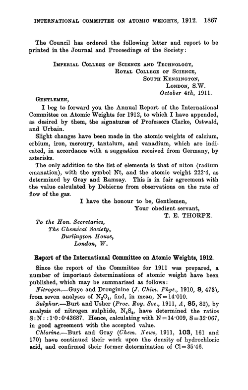 Report of the International Committee on Atomic Weights, 1912