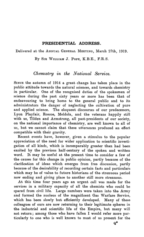 Presidential address. Chemistry in the national service