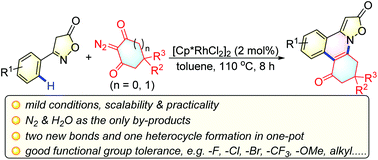 Graphical abstract: Construction of isoxazolone-fused phenanthridines via Rh-catalyzed cascade C–H activation/cyclization of 3-arylisoxazolones with cyclic 2-diazo-1,3-diketones